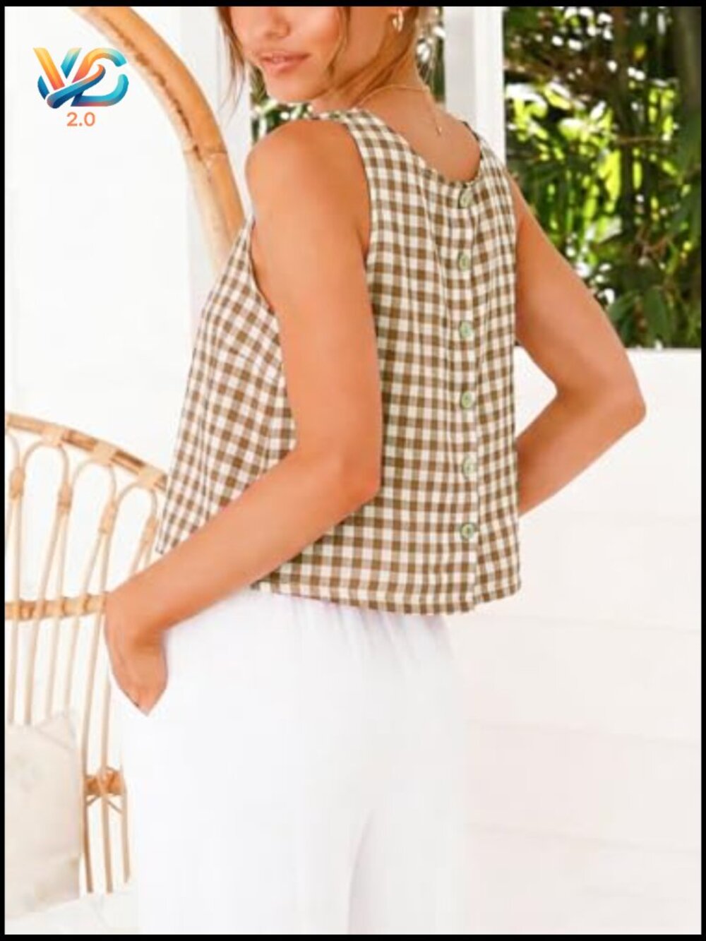 Gingham Crop Tank Top Sleeveless High Neck Summer Y2K Casual Beach Tops - Picture 2 of 4
